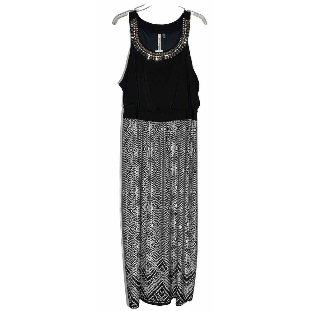 NY Collection Maxi Dress 1X Plus Geometric Embellished Artsy Travel Modest New